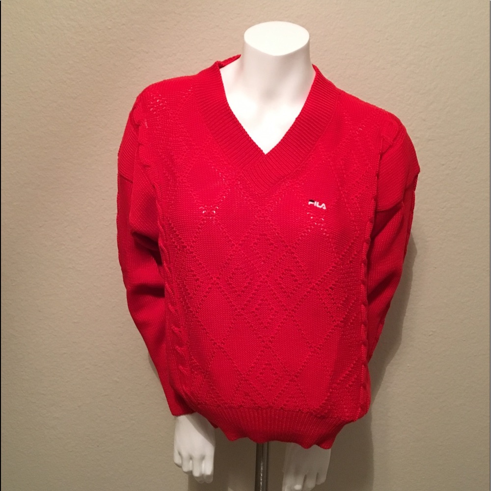 Fila Red V-Neck Cable Knit Sweater